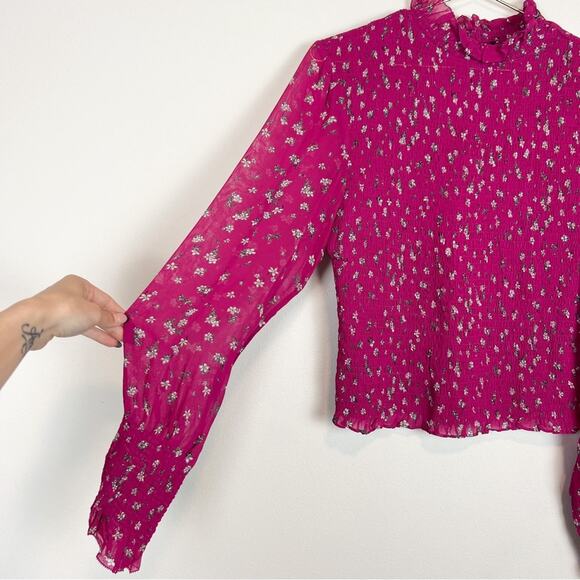 Rag & Bone Kayden Floral Blouse Long Sleeve Smocked‎ Ruffle Pink Size Medium - Picture 7 of 10